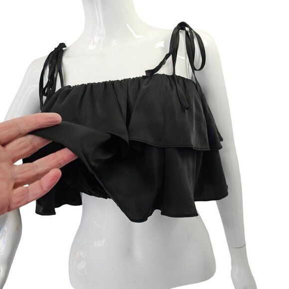 Camellia Black Layered Flounce Crop Top Womens L Tie Spaghetti Straps Polyester - Picture 6 of 9